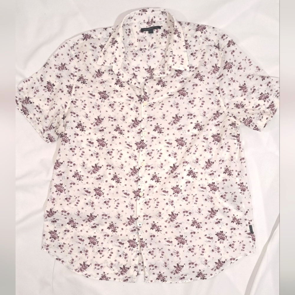 Men's John Varvatos USA Cotton White Purple Floral Print Short Sleeve Shirt XXL
